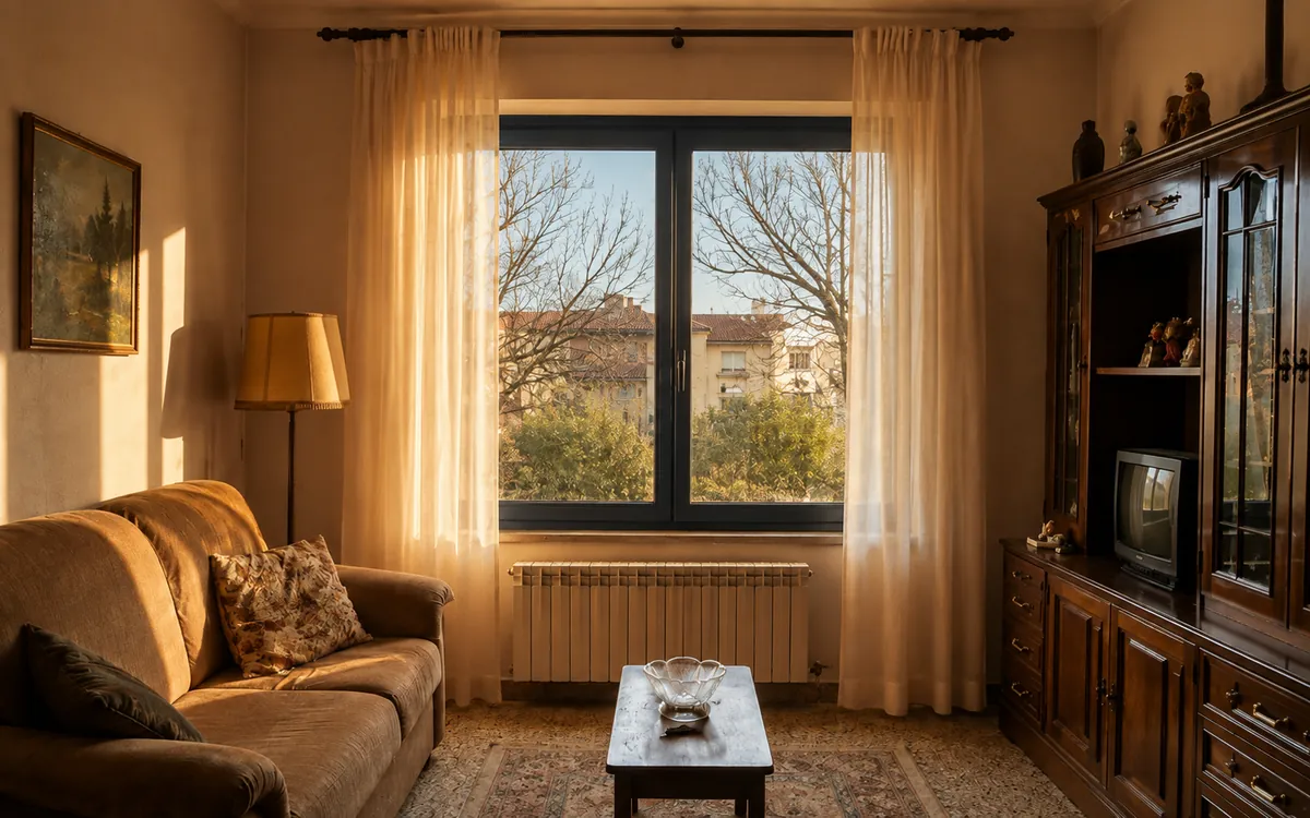 Mismo salón con ventana nueva de aluminio antracita y doble acristalamiento, luz cálida y ambiente sellado