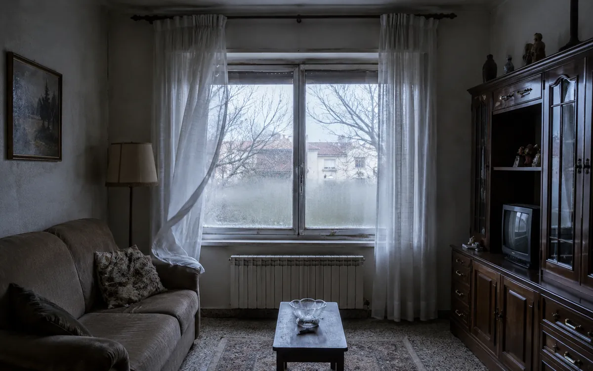 Salón antiguo con ventana de carpintería vieja, cristal empañado y luz fría de invierno