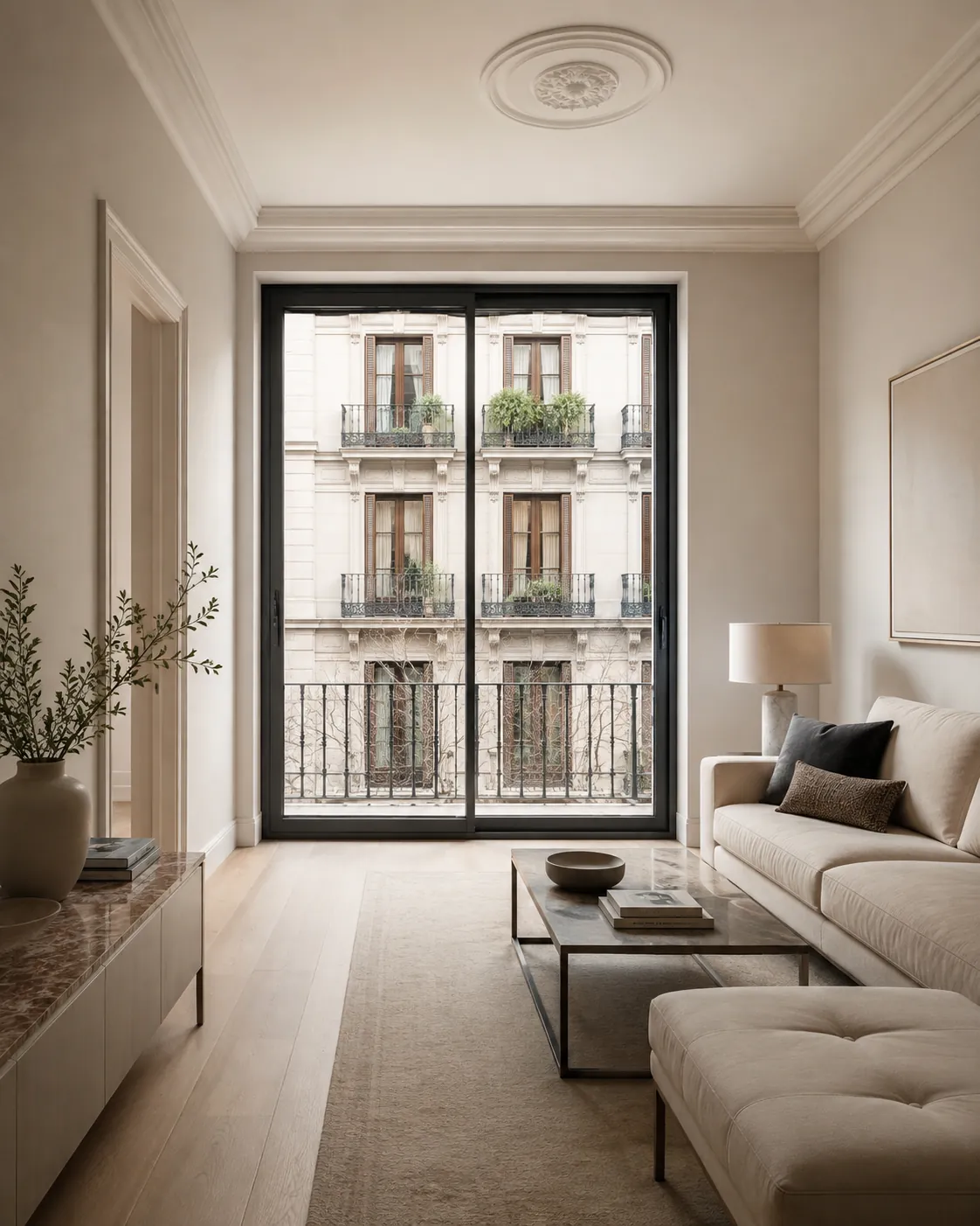 Salón con gran ventanal corredero de aluminio antracita y vistas a un edificio clásico madrileño