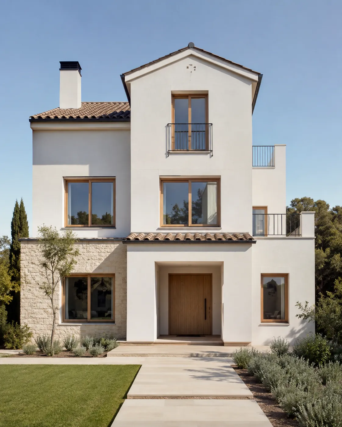 Fachada de chalet contemporáneo con ventanas de PVC en acabado imitación roble