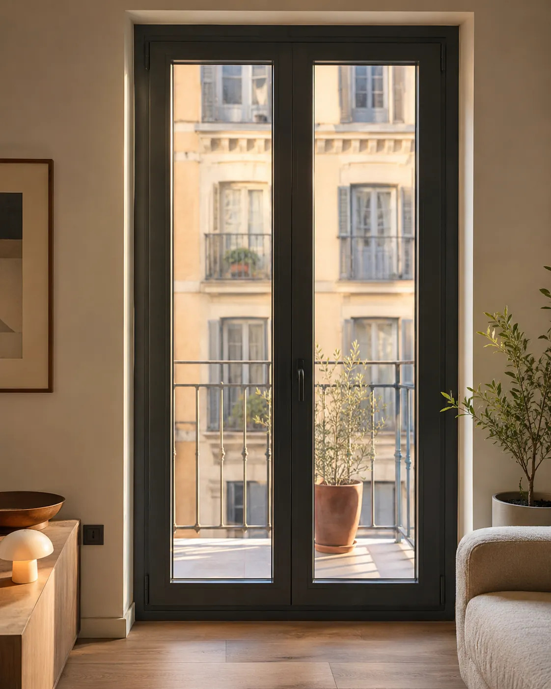 Puerta balconera de aluminio antracita de suelo a techo con vistas a un edificio residencial