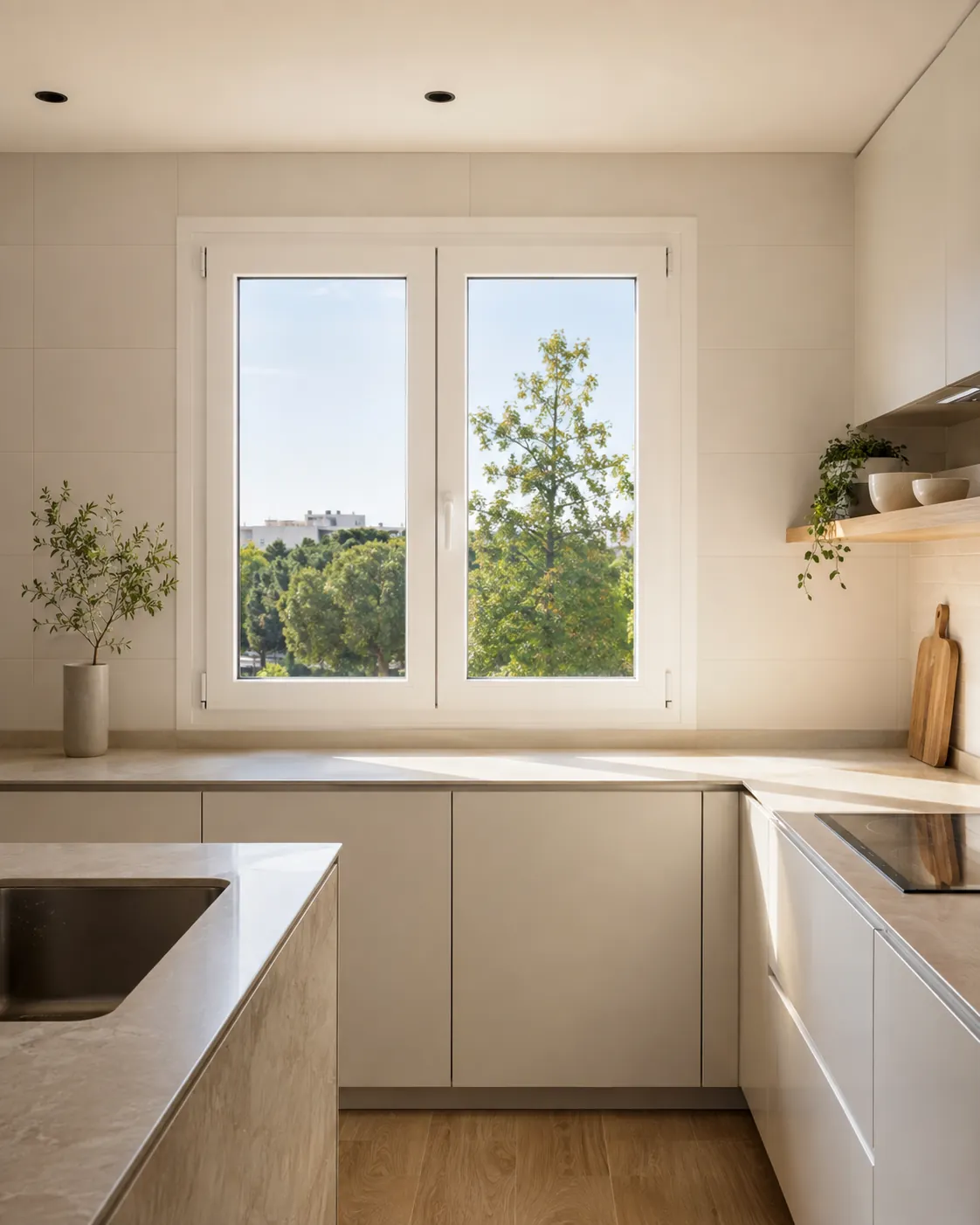 Cocina moderna con ventana oscilobatiente de PVC blanco sobre la encimera